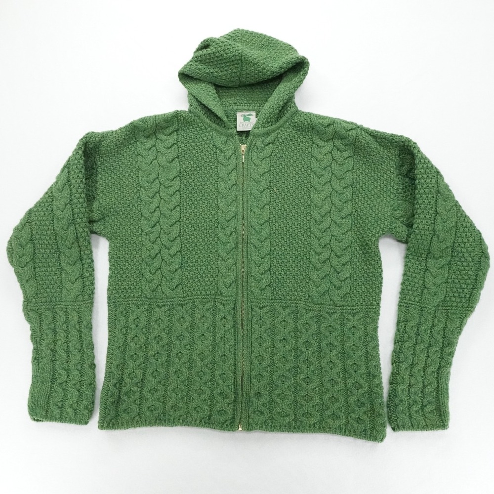 Ring Of Kerry Crafts Cardigan Womens Medium Green Wool Cable Knit Ireland Zip